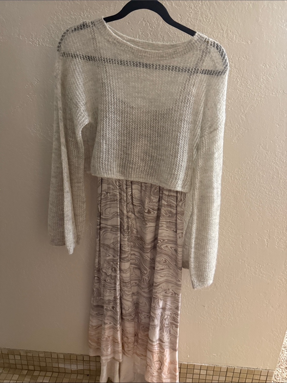 Anthropologie grey Cropped Knit Sweater over grey pink marbled print dress.Small